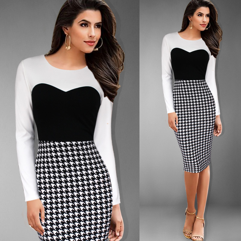 SZ60033 Charming Houndstooth Printed Spliced Bodycon Midi Dress For Women